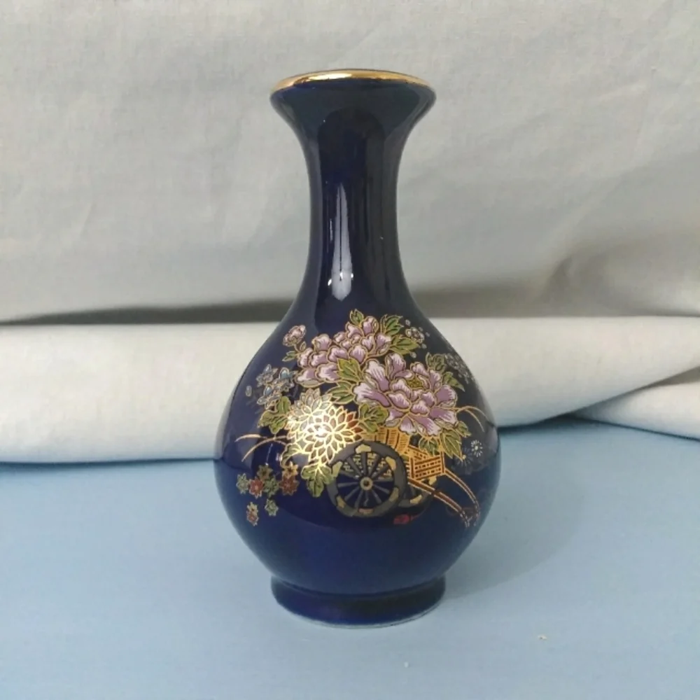 Kutani Japanese Blue Metallic Floral Mini Flower Collectable Plant Vase Decor